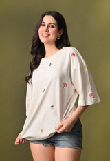 Women off white everyday embroidered unisex tshirt
