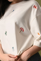 Women off white everyday embroidered unisex tshirt