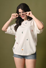 Women off white everyday embroidered unisex tshirt