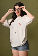 Women off white everyday embroidered unisex tshirt