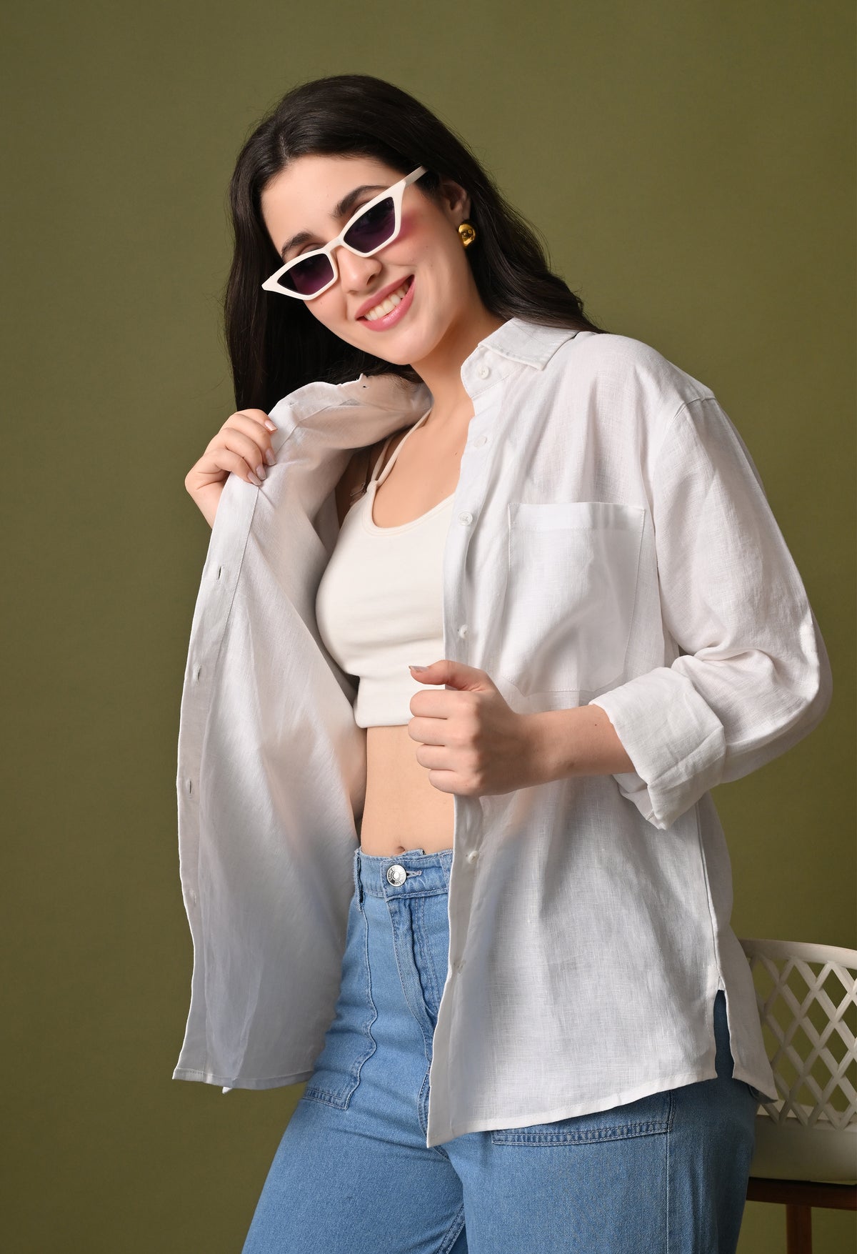 Women white linen regular fit unisex shirt