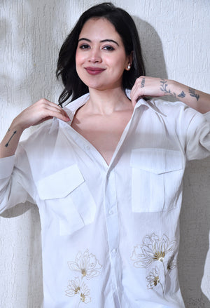 Women White Whispering Petal Textured Embroidered Shirt