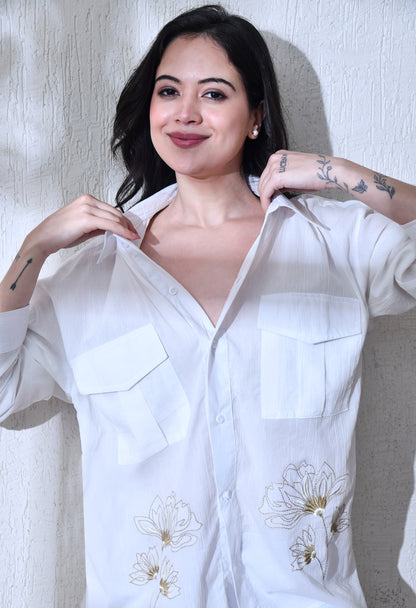 White Whispering Petal Textured Embroidered Shirt