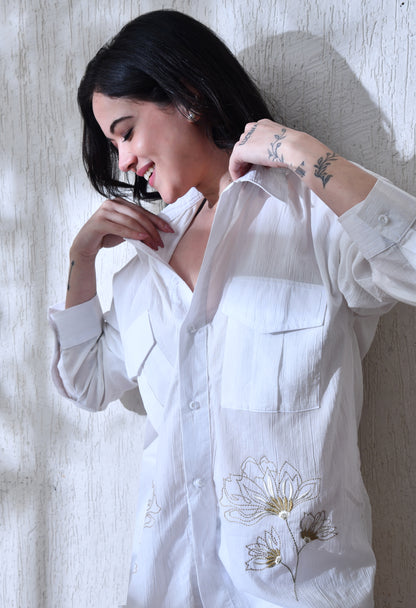 Women White Whispering Petal Textured Embroidered Shirt
