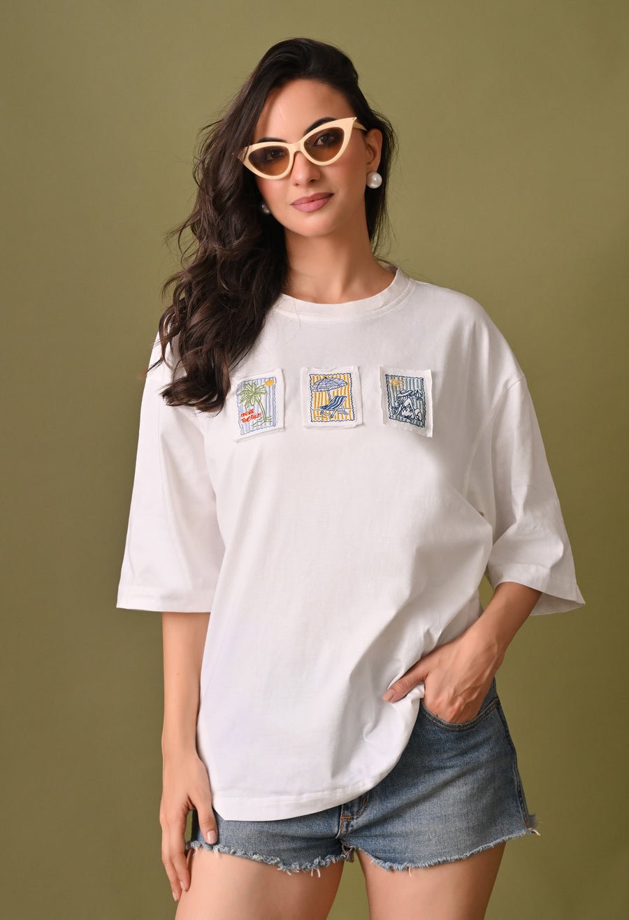 Women off white beach day embroidered unisex tshirt