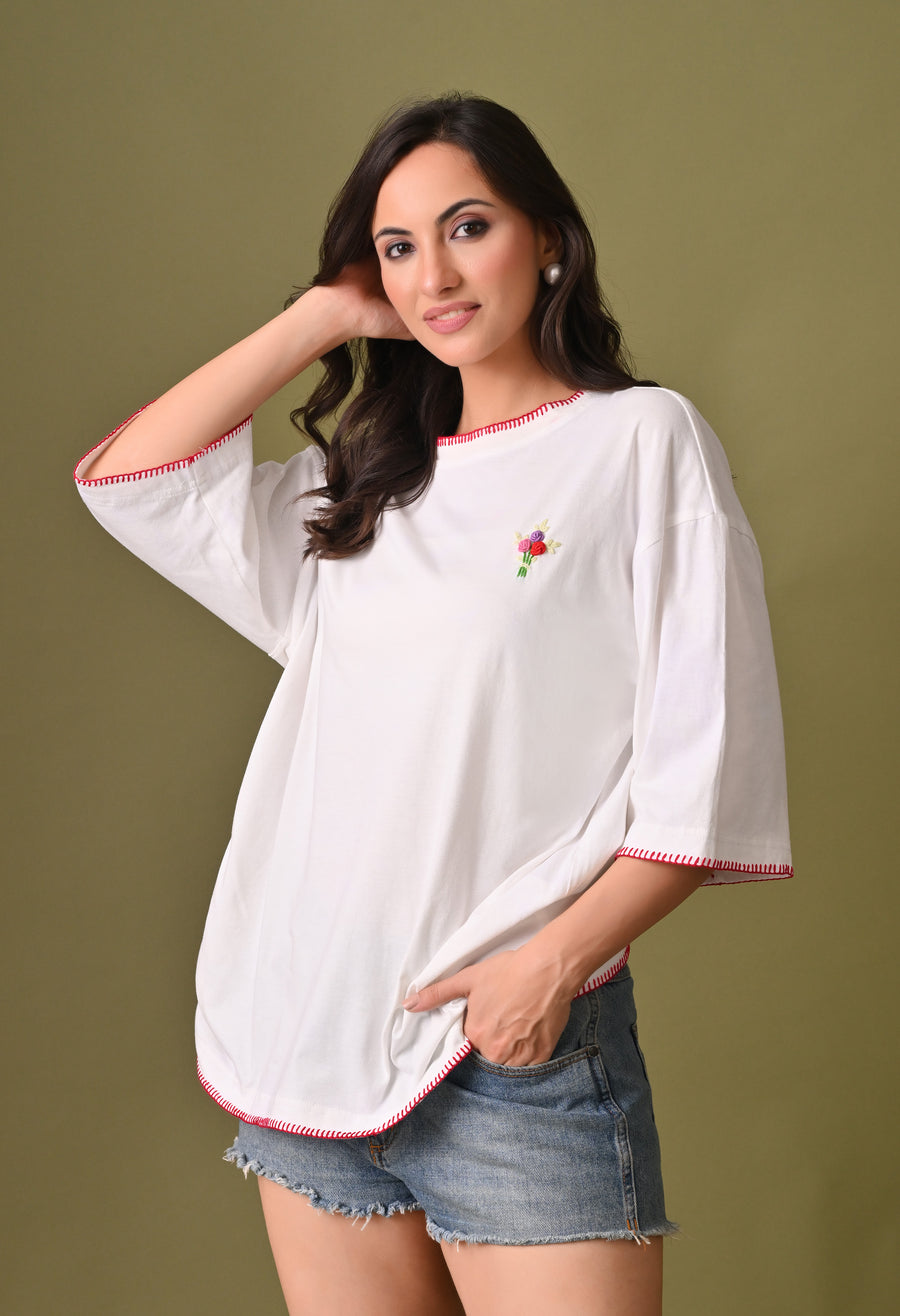 Women white bouqet embroidered unisex tshirt