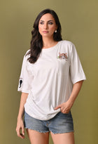 Women white cat embroidered unisex tshirt
