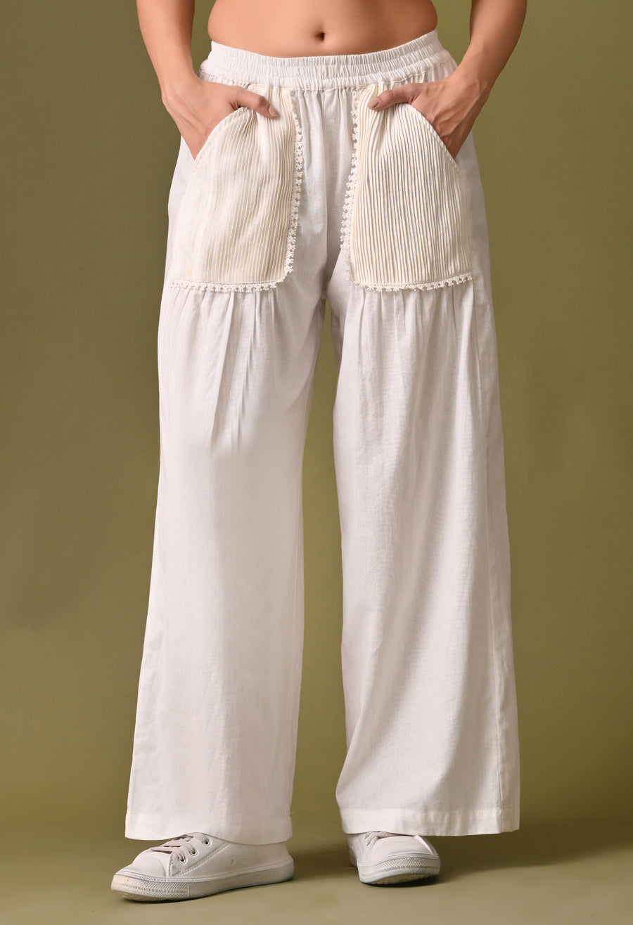 Women casual loose fit off white pleated pocket trouser