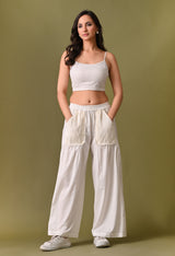 Women casual loose fit off white pleated pocket trouser