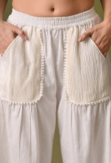 Women casual loose fit off white pleated pocket trouser