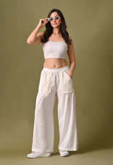 Women casual loose fit off white pleated pocket trouser