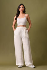 Women casual loose fit side button off white trouser