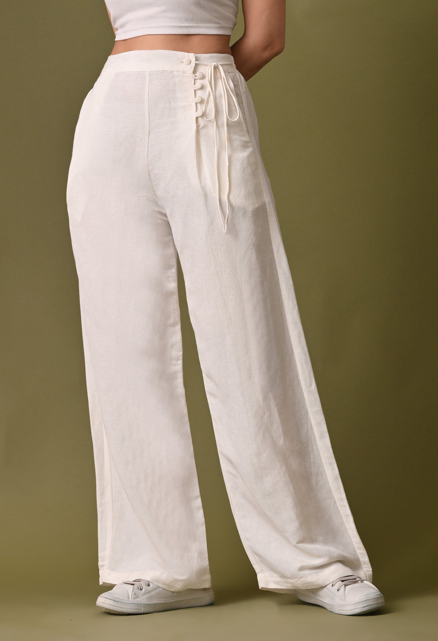 Women casual loose fit side button off white trouser