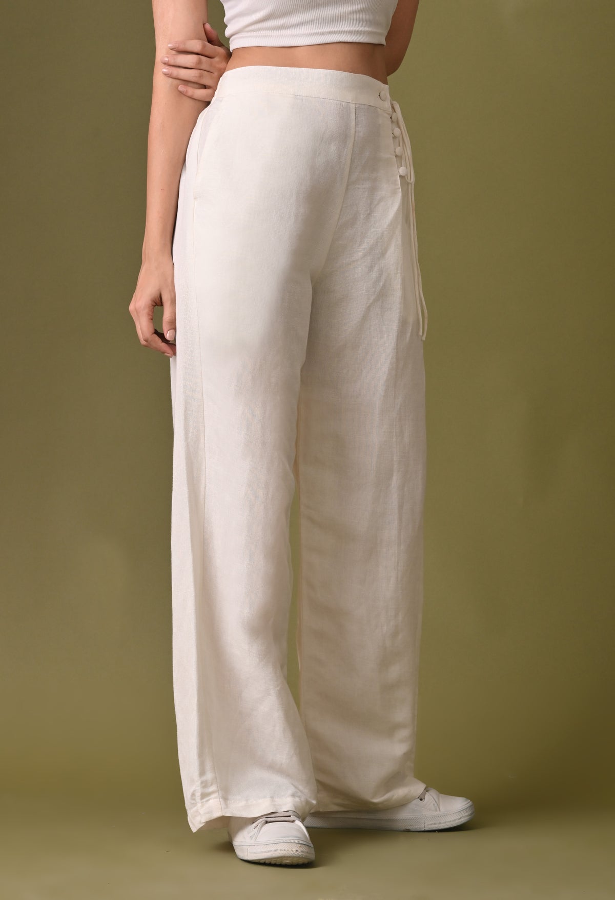 Women casual loose fit side button off white trouser