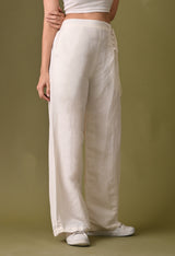 Women casual loose fit side button off white trouser