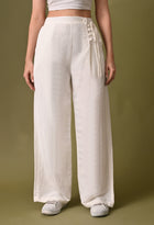 Women casual loose fit side button off white trouser