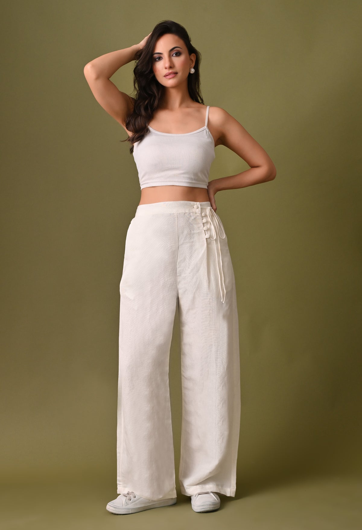 Women casual loose fit side button off white trouser