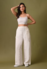 Women casual loose fit side button off white trouser