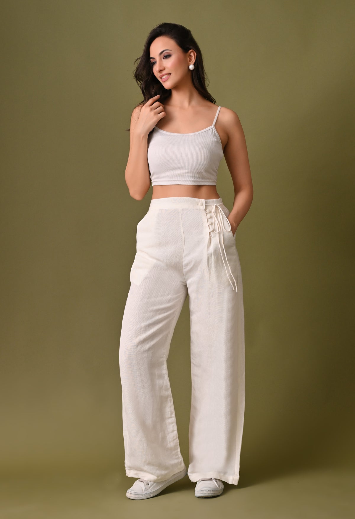 Women casual loose fit side button off white trouser