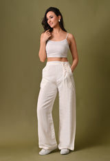 Women casual loose fit side button off white trouser