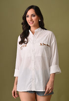 Women white brown dog chase embroidered unisex shirt