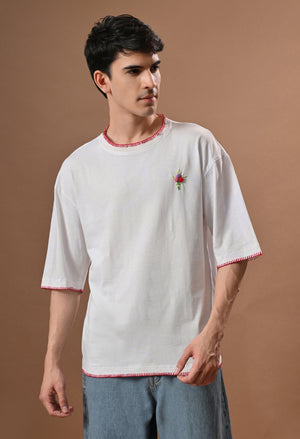 Men white bouqet embroidered unisex tshirt