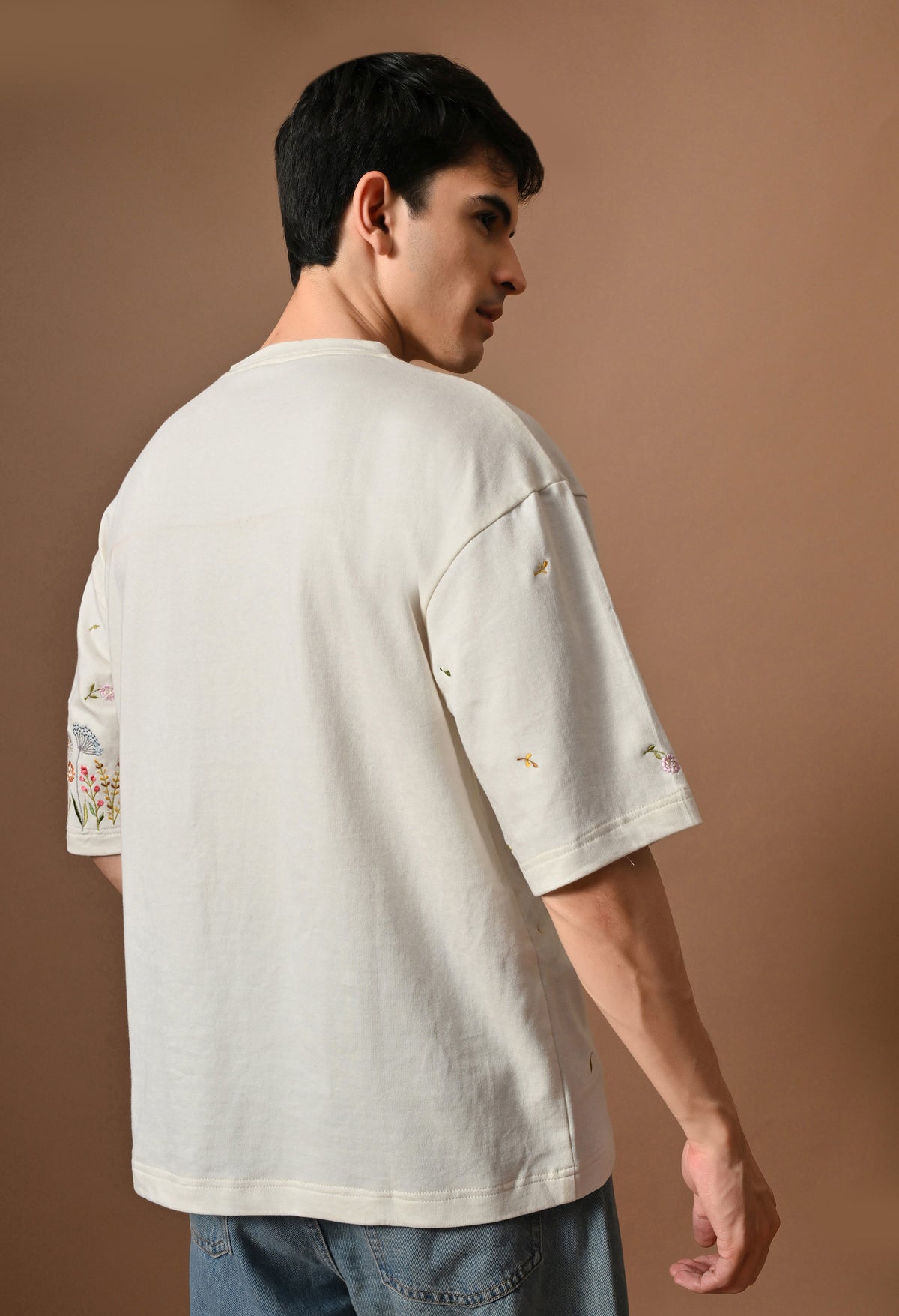 Men off white thunder leaves embroidered unisex tshirt