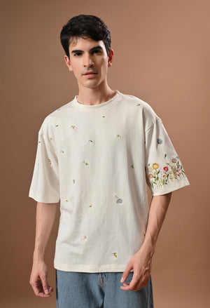 Men off white thunder leaves embroidered unisex tshirt