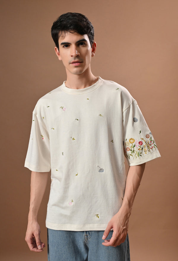 Men off white thunder leaves embroidered unisex tshirt