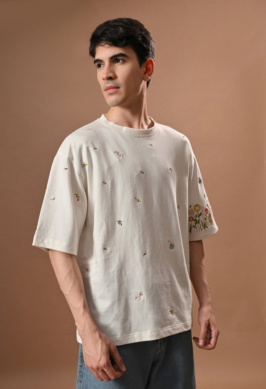 Men off white thunder leaves embroidered unisex tshirt