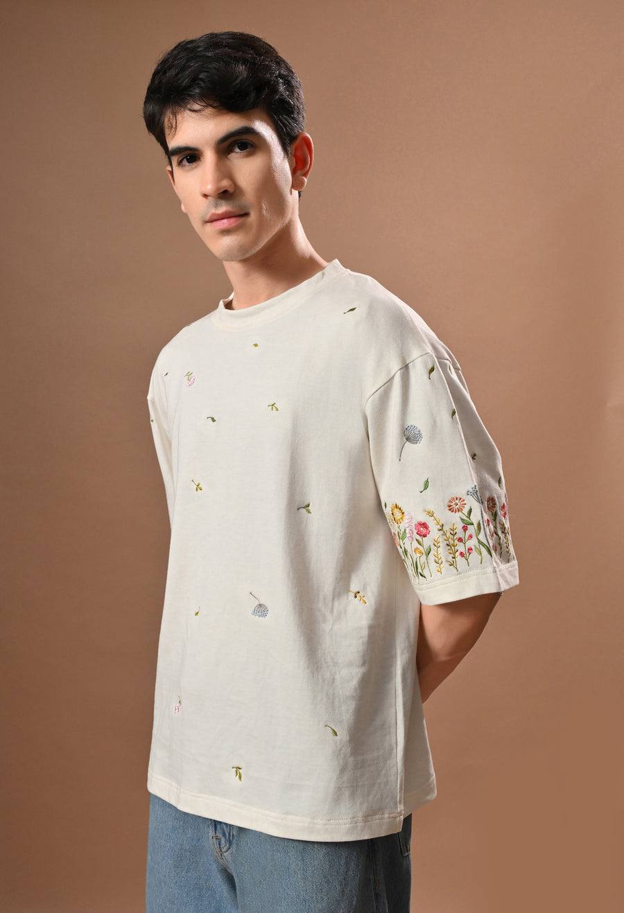 Men off white thunder leaves embroidered unisex tshirt