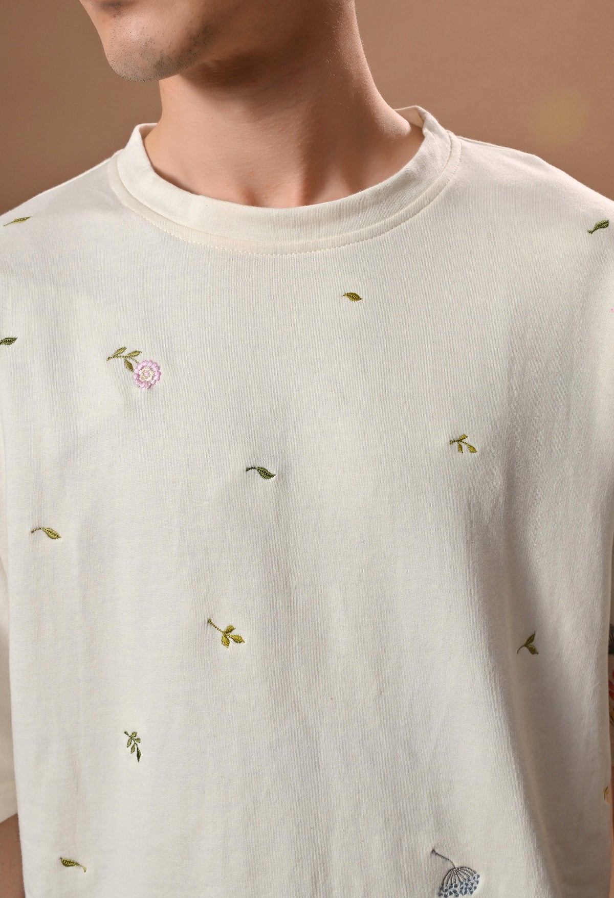 Men off white thunder leaves embroidered unisex tshirt