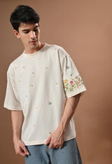 Men off white thunder leaves embroidered unisex tshirt