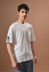 Men white cat embroidered unisex tshirt