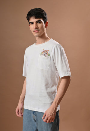 Men white cat embroidered unisex tshirt