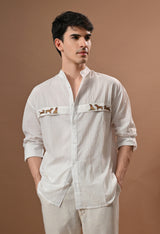 Men white brown dog chase embroidered unisex shirt