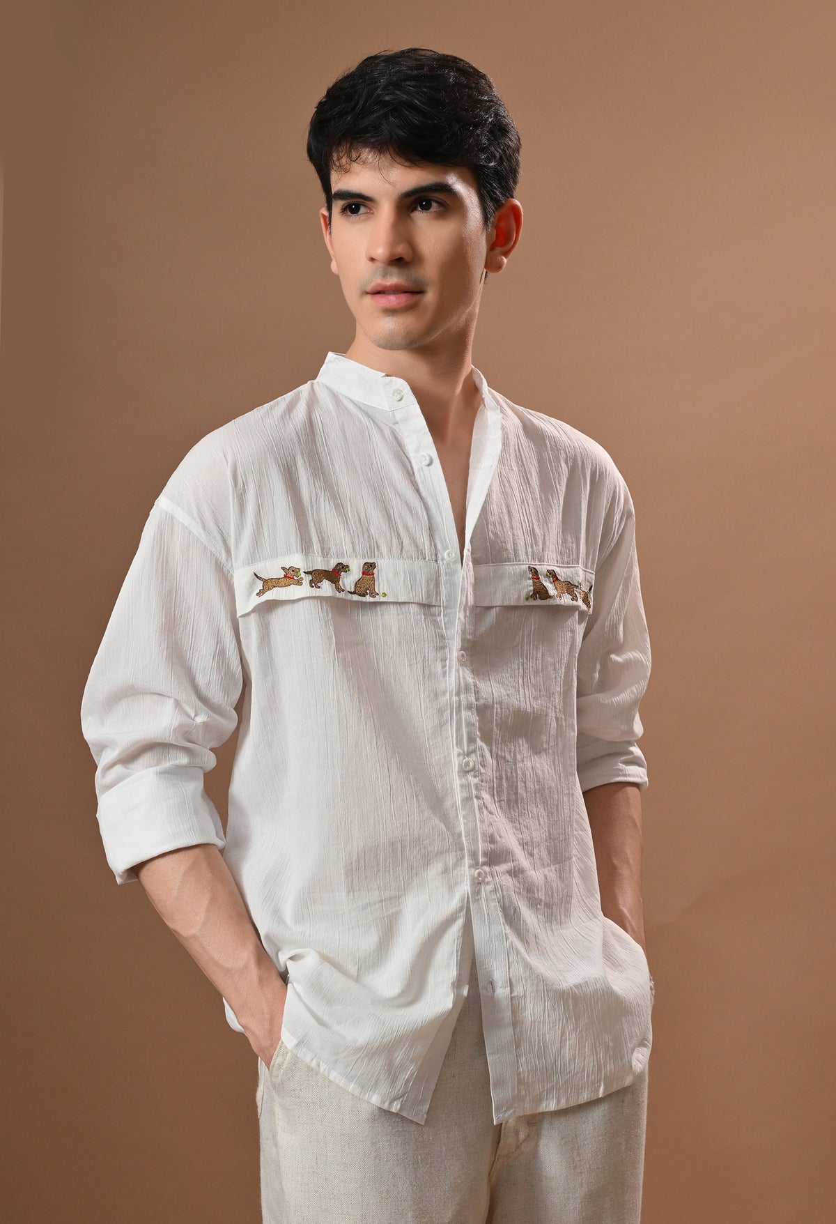 Men white brown dog chase embroidered unisex shirt