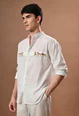 Men white brown dog chase embroidered unisex shirt