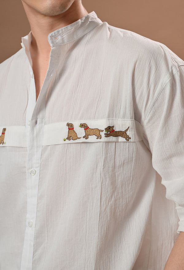 Men white brown dog chase embroidered unisex shirt alternate view