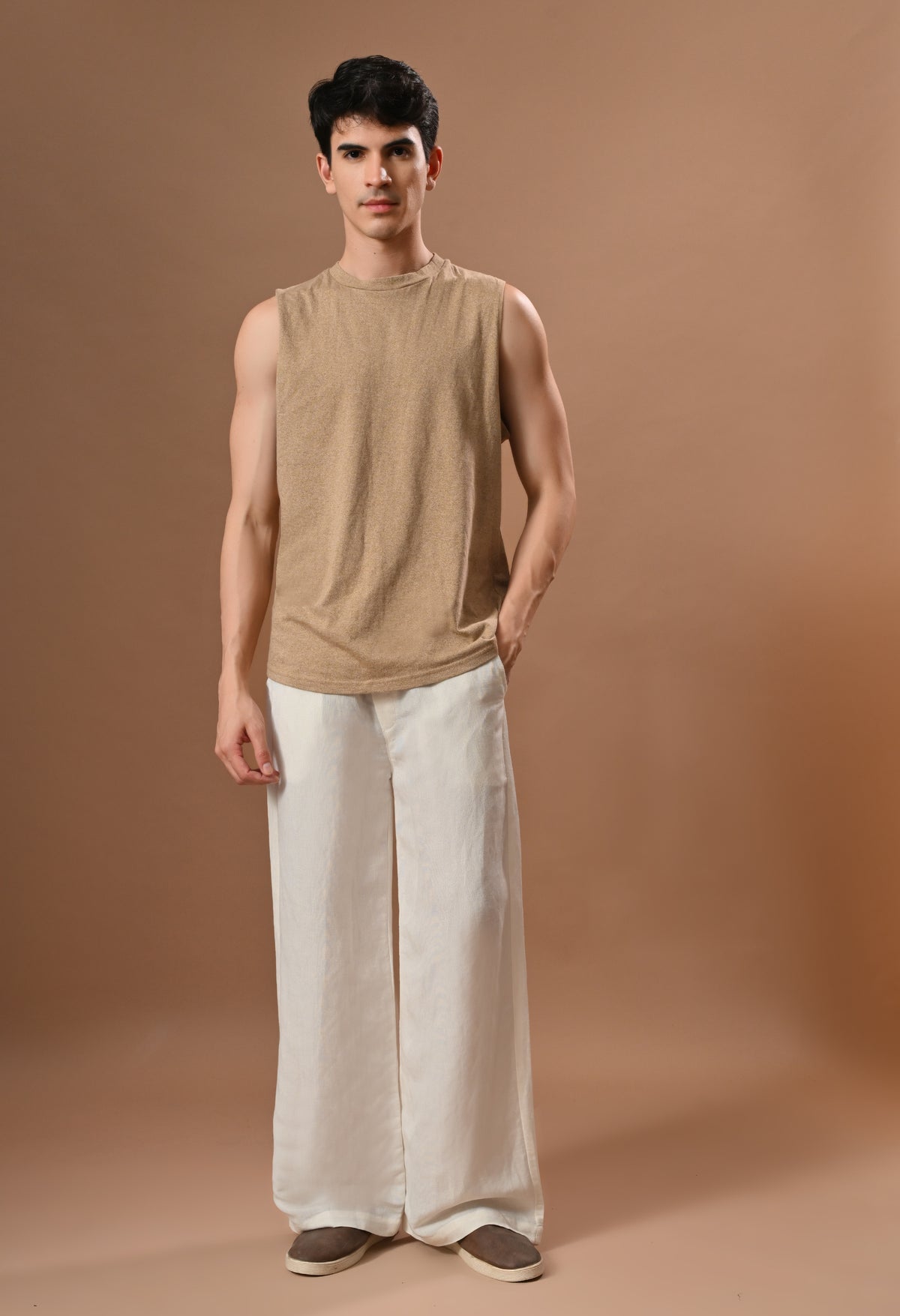 Men casual loose fit off white trouser