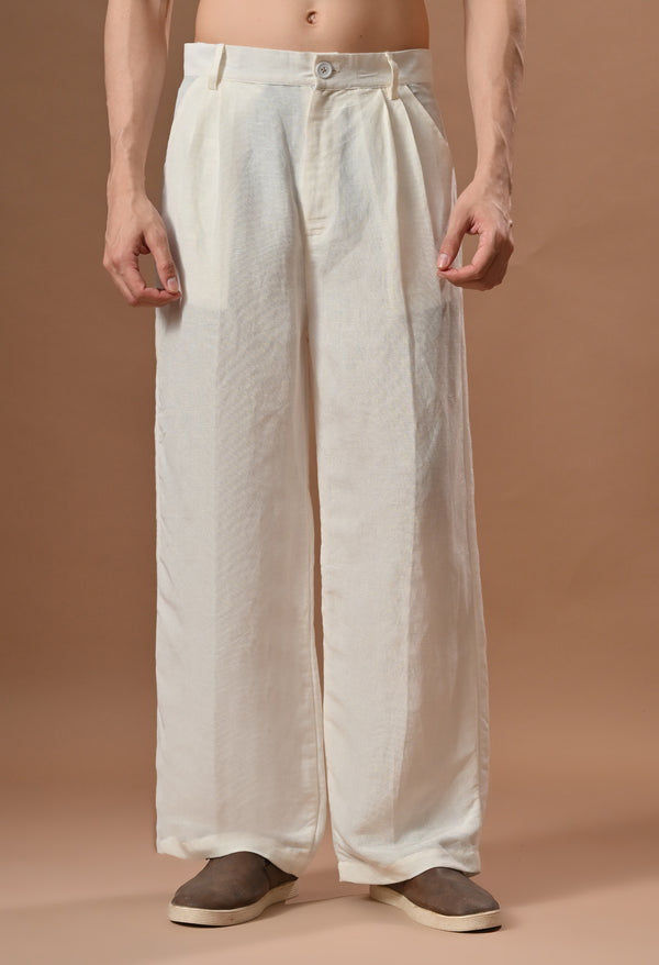 Men semi formal loose fit off white trouser