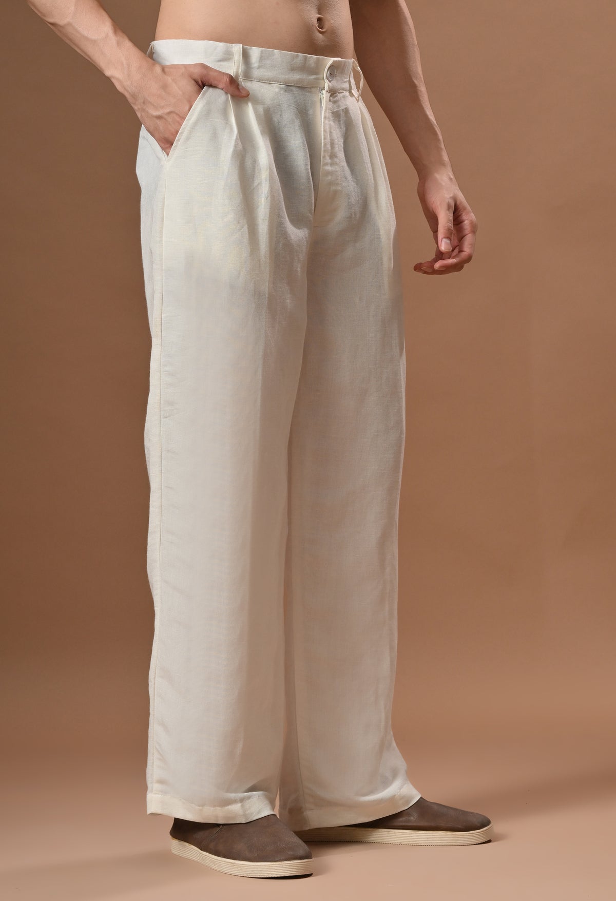 Men semi formal loose fit off white trouser