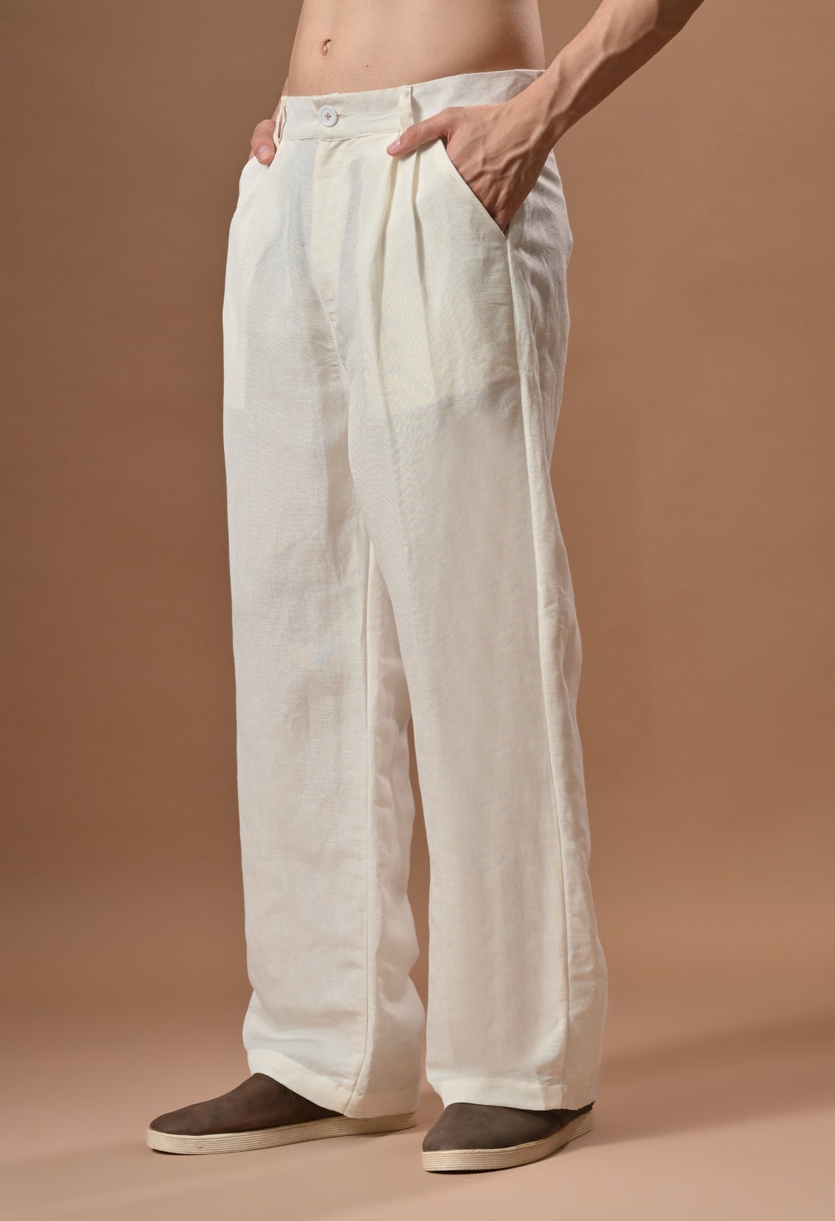 Men semi formal loose fit off white trouser