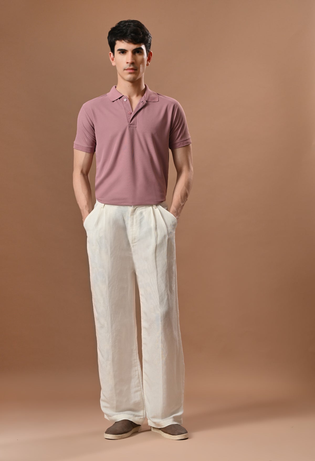 Men semi formal loose fit off white trouser