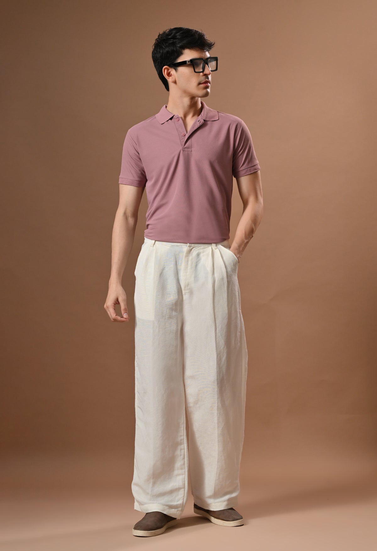 Men semi formal loose fit off white trouser