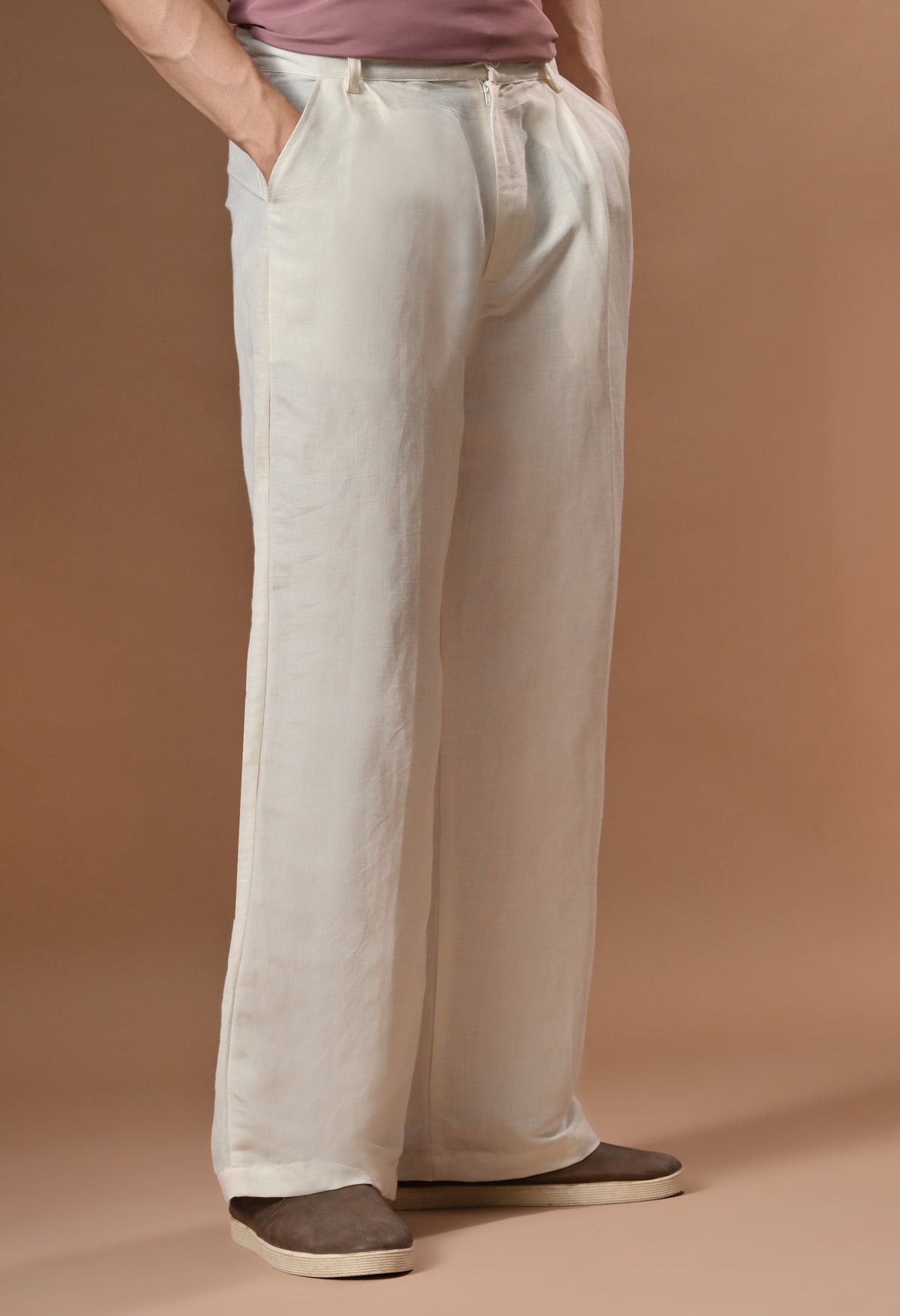 Men semi formal loose fit off white trouser