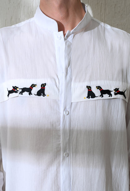 White Dog Chase Embroidered Shirt