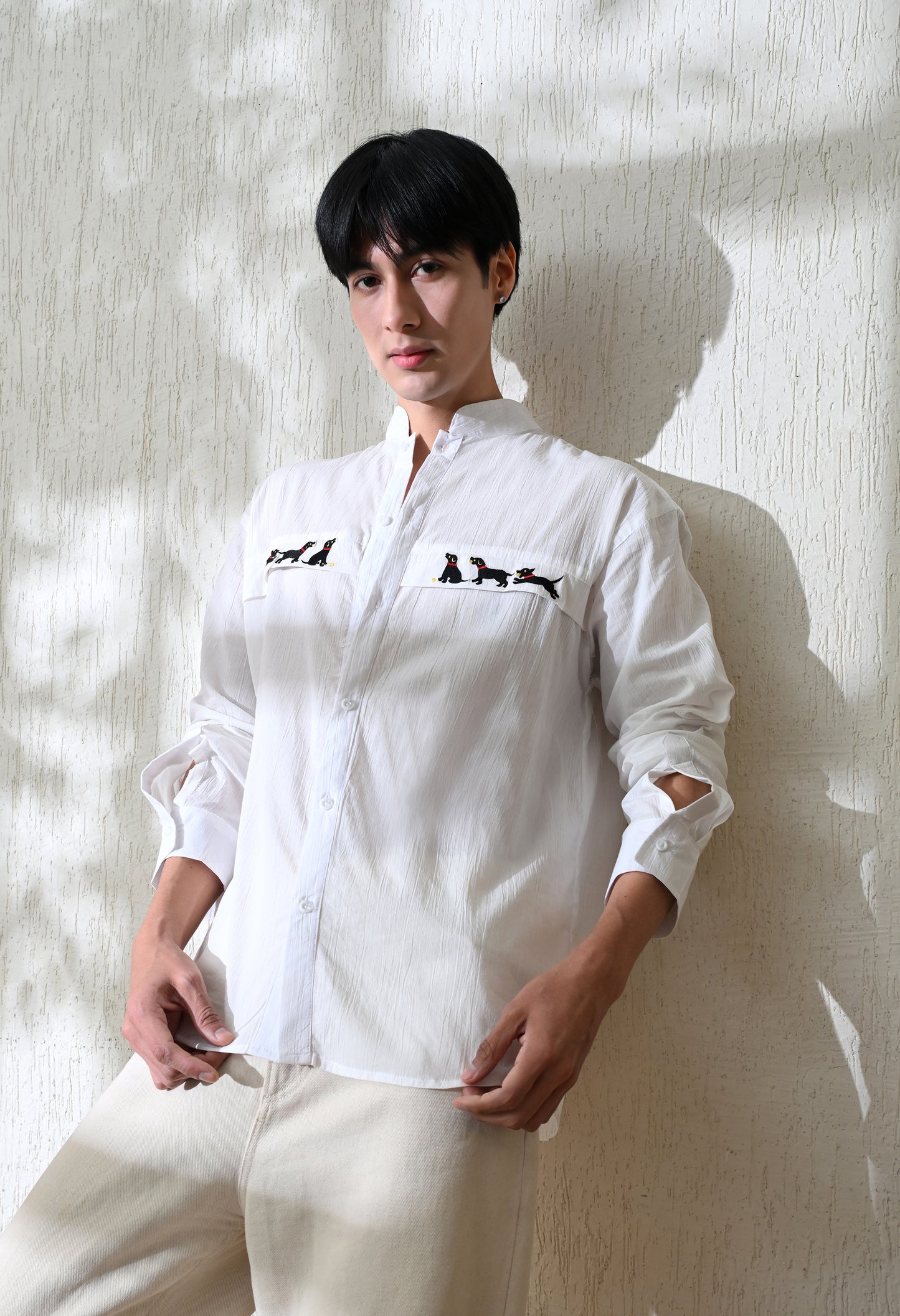 White Dog Chase Embroidered Shirt