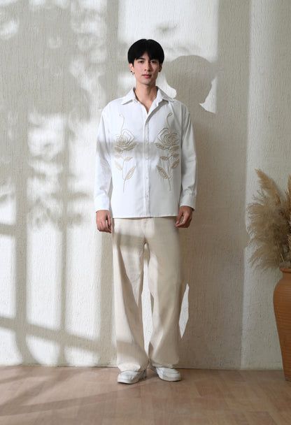 White Line Rose Embroidered Shirt