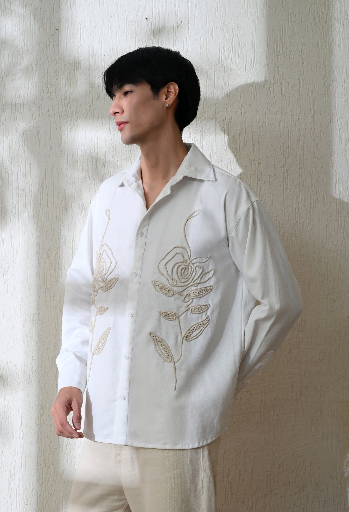White Line Rose Embroidered Shirt